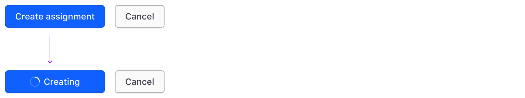 Two button sets on top of each other. The first set showing a primary and secondary button in their default states. The second row showing the primary button in a loading state and the secondary button in a default state.